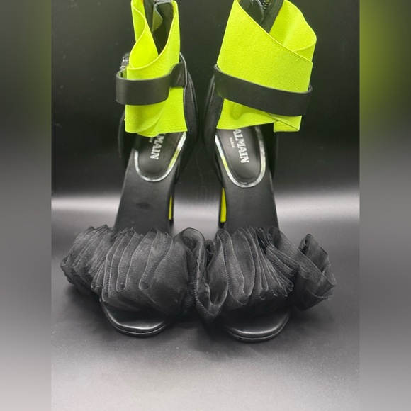 Balmain Shoes - Balmain Runway Heels Size 38 Neon Strap Black Tulle Ruffle Sandals